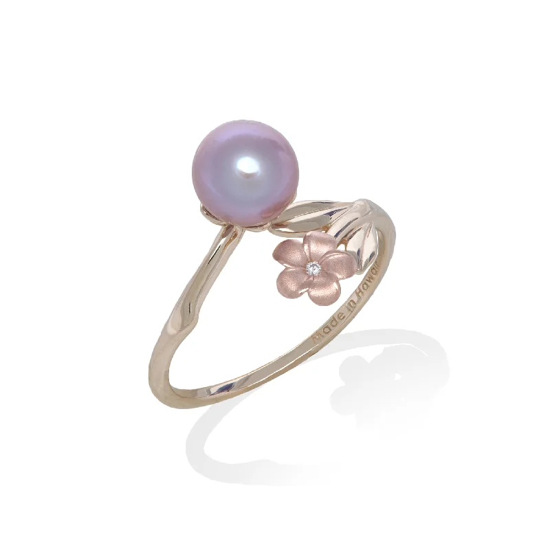 Pearls in Bloom Plumeria Lavender Freshwater Pearl Ring in Two Tone Gold with Diamond - 7-8mm