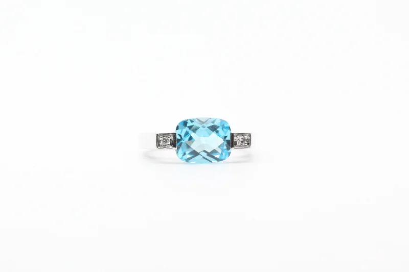 White Gold Checkerboard Cut Blue Topaz and Diamond Ring