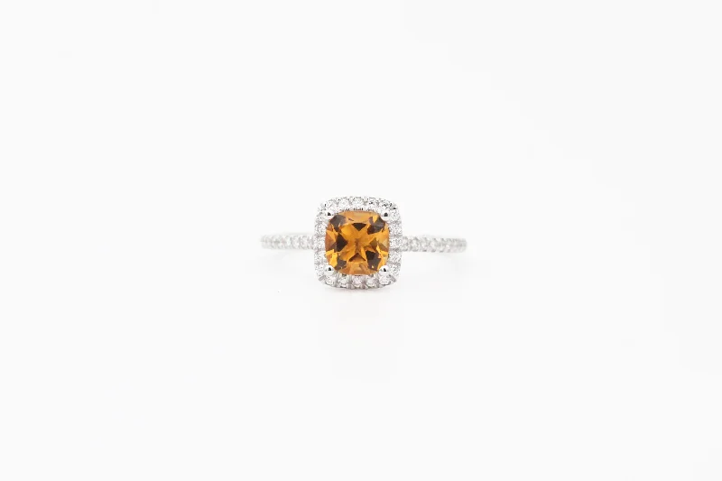 White Gold Citrine and Diamond Halo Ring