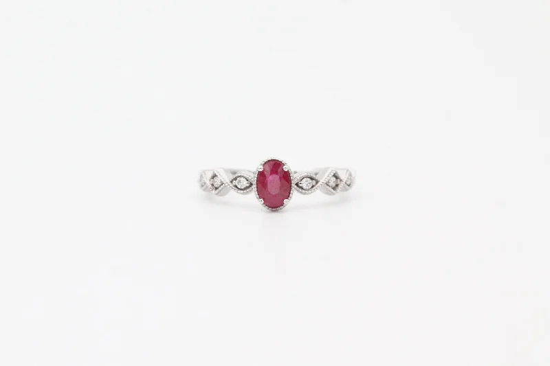 White Gold Oval Ruby and Diamond Ring with Milgrain Band