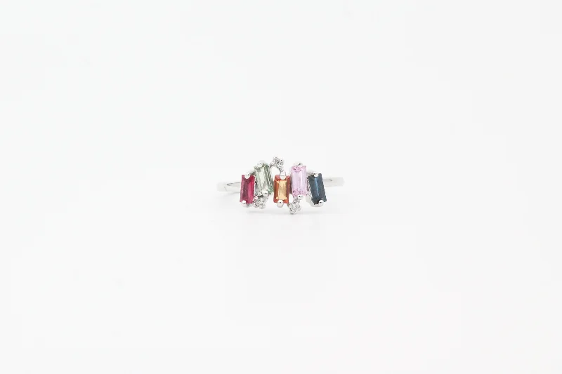 White Gold Rainbow Sapphire and Ruby Ring with Diamonds