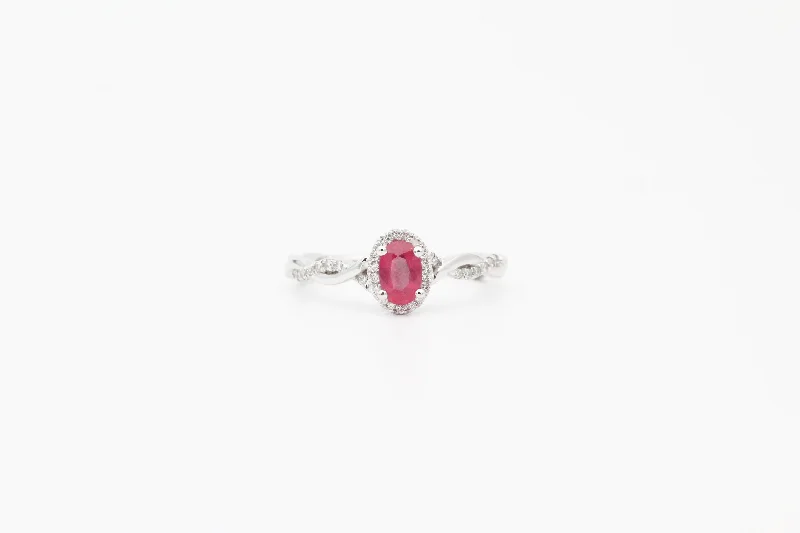 White Gold Twisted Band Ruby and Diamond Halo Ring