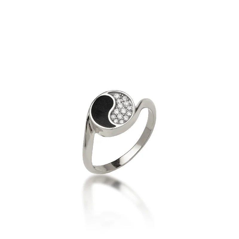 Yin Yang Black Coral Ring in White Gold with Diamonds - 10mm