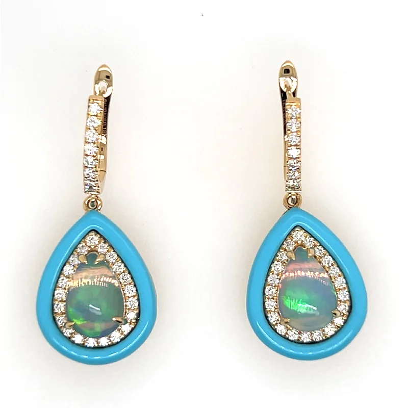 18K Yellow Gold Opal Turqoise and Diamond Earrings