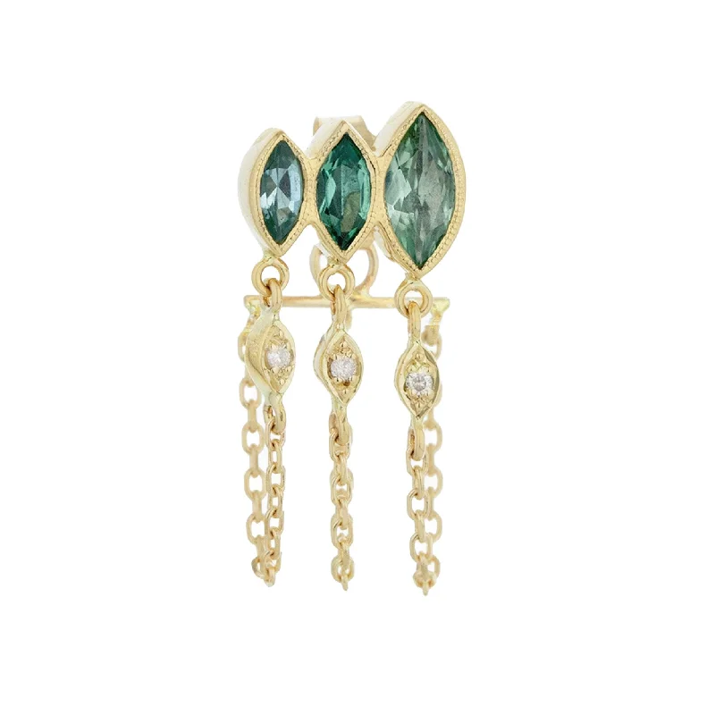 14K Gold Triple Marquise Blue-Green Tourmaline Chain Drop Earring