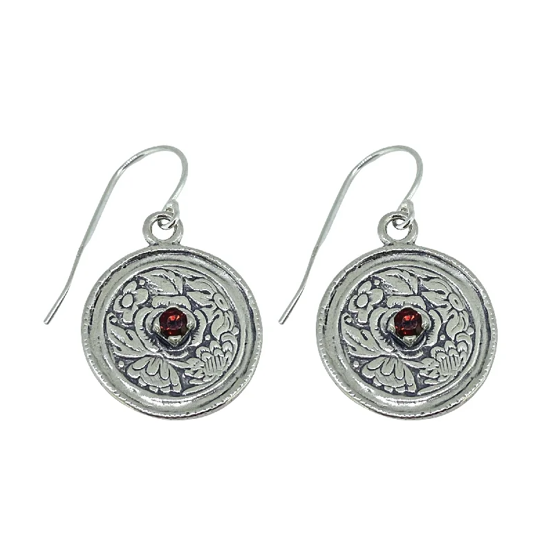 Round Textured Design and Small Garnet Earrings E7685