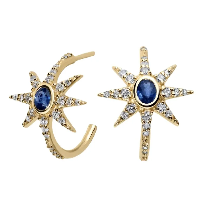 10K Gold Blue Sapphire Starburst Hoop Earrings