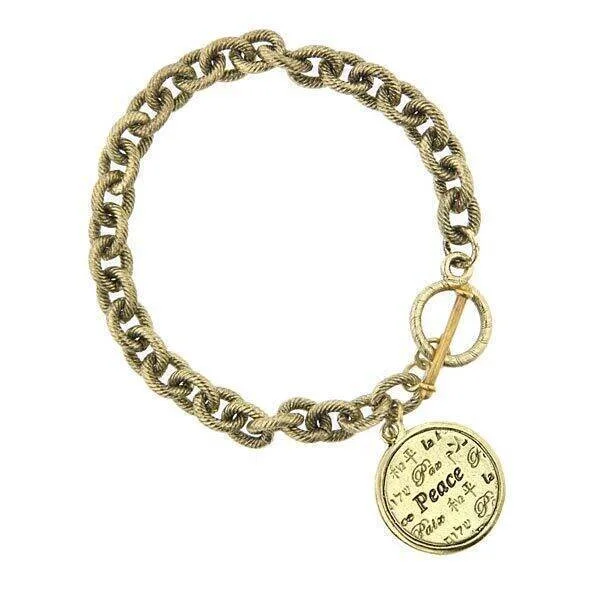 1928 Jewelry Gold Multi Language Peace Medallion Textured Link Toggle Bracelet