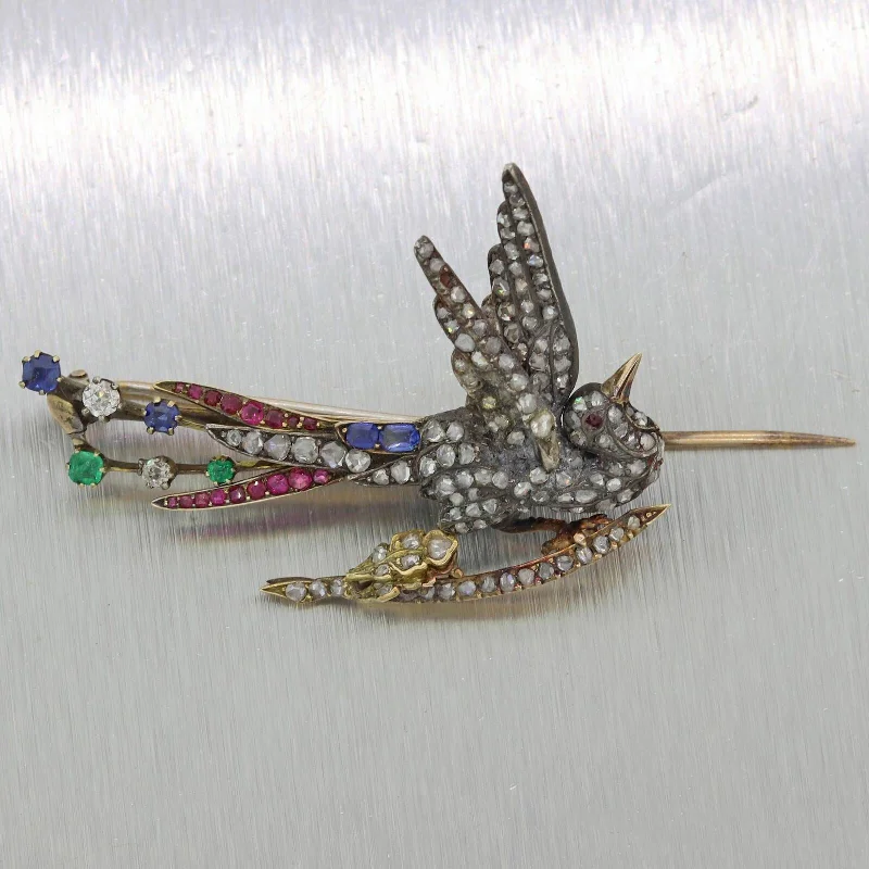 Holiday Jewelry Sale – Perfect Gifts At Great Prices 1830's Antique Victorian Silver Diamond Sapphire Emerald Ruby Bird Brooch Pin