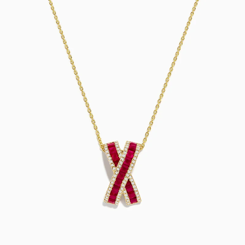 Get The Jewelry You Love At A Price You Love Ruby Royale 14K Yellow Gold Princess Cut Ruby Crossover Pendant, 2.24 TCW