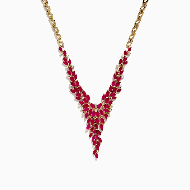 Unmissable Deals On Handmade Jewelry Collections Ruby Royale 14K Yellow Gold V Shape Ruby Statement Necklace, 9.87 TCW