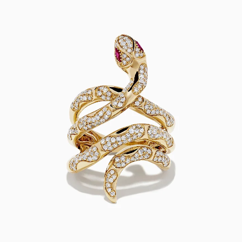 Seasonal Jewelry Sale – Upgrade Your Collection Safari 14K Yellow Gold Diamond and Ruby Snake Ring, 0.89 TCW