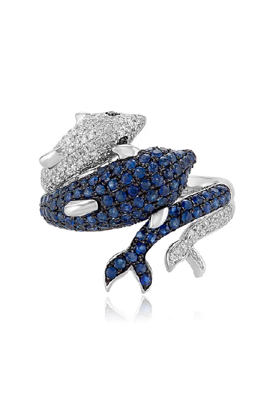 Exclusive Jewelry Offers – Sparkle For Less Seaside 14K White Gold Blue Sapphire & Diamond Dolphin Ring, 1.39 TCW