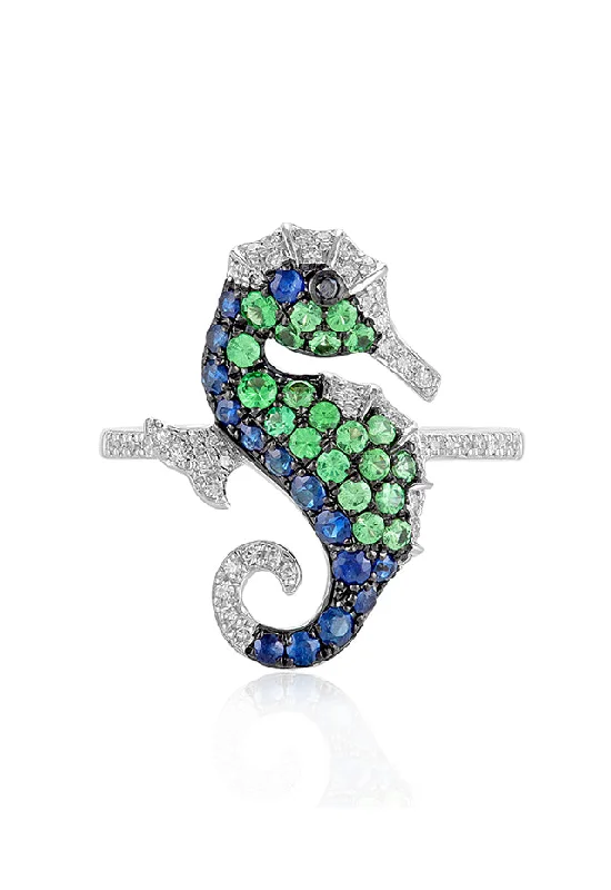 Limited-Stock Jewelry Sale – Once It's Gone, It's Gone Seaside 14K White Gold Multi Gemstone and Diamond Seahorse Ring