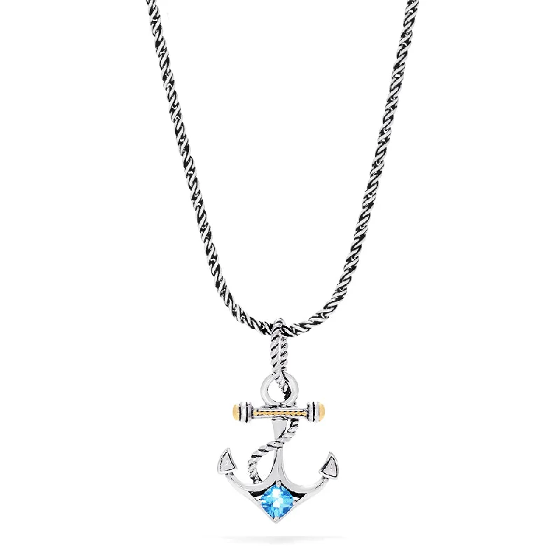 Exclusive Online Jewelry Sale – Don't Wait Seaside Sterling Silver & 18K Gold Blue Topaz Anchor Pendant, 0.80 TCW