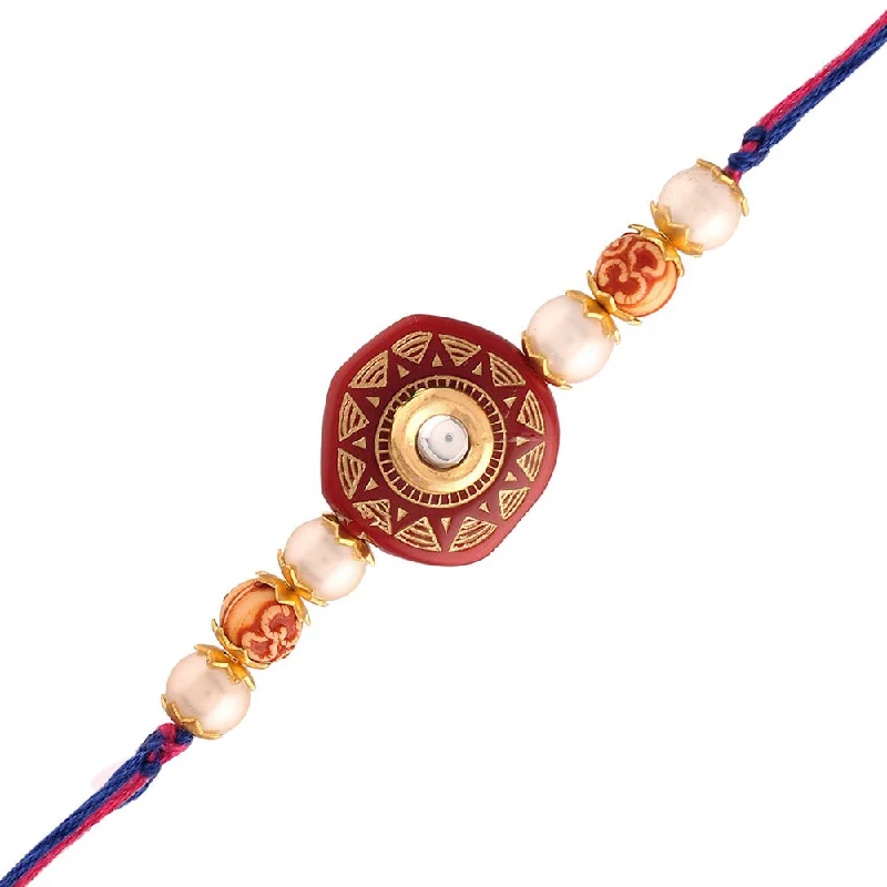 Handmade Pearl Jewelry For Timeless Elegance Etnico Ethnic Designer Pearl Beads Studded Rakhi Bracelet for Men/Brother/ Bhaiya (R057M-R) (Pack of 1)