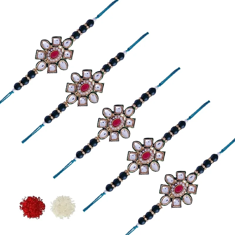 Flash Sale On Stunning Jewelry – Don't Miss Out Etnico I Jewels Designer Pearl Beads Kundan Studded Combo Rakhi Set With Roli Chawal & Rakshabandhan Card For Brother/Bhai/Bro/Men (R080G-5) (Pack of 5)