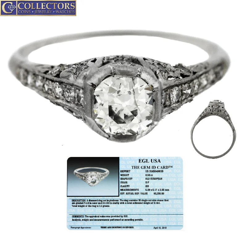 Save On Luxury Jewelry Pieces – Limited-Time Offers Ladies Antique Art Deco Platinum 0.64ctw Diamond Filigree Engagement Ring EGL