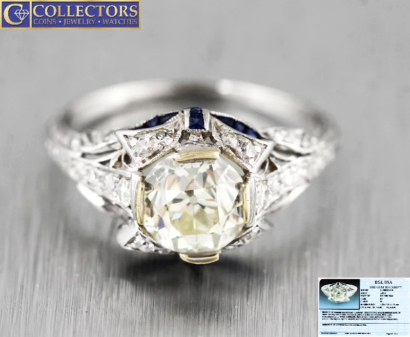 Discounted Luxury Jewelry – Shine Without The Splurge Ladies Antique Art Deco Platinum 2.12ctw Diamond Sapphire Engagement Ring EGL