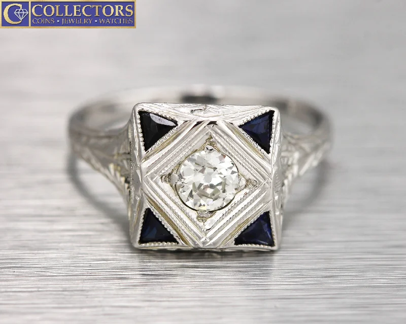 Personalized Jewelry Sale – Meaningful Gifts At Great Prices Antique Art Deco 18K White Gold 0.33ct Diamond Blue Sapphire Filigree Ring