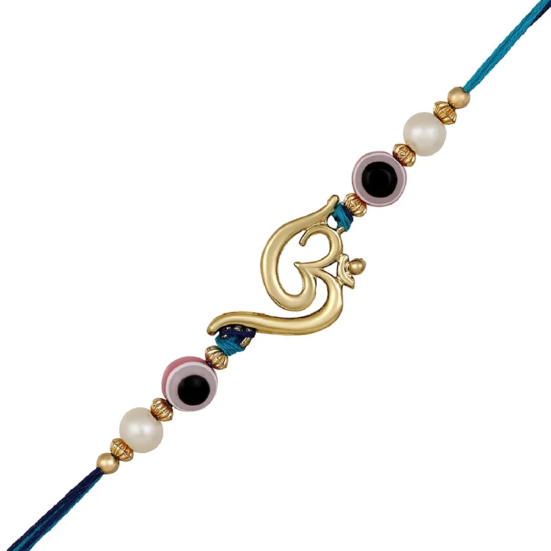 Delicate Crystal Jewelry For Sophisticated Charm Mahi Gold Plated Om and Evil Eye Rakhi for Bhaiya (RA1100723G)