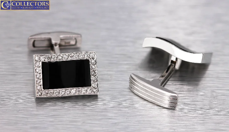 Trending Jewelry Styles Now At Limited-Time Discounts Men's Vintage Estate 14K White Gold 0.64ctw Diamond Onyx Rectangle Cufflinks