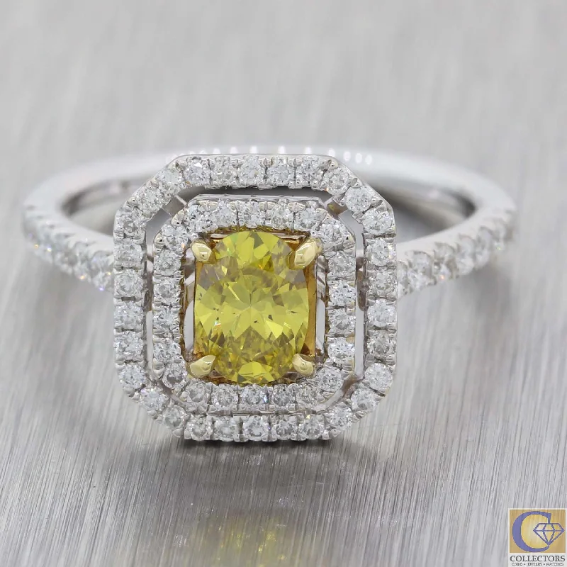 Grab Exquisite Jewelry At The Lowest Prices Modern 18k White Gold 1.12ctw Fancy Yellow Diamond Halo Engagement Ring A8