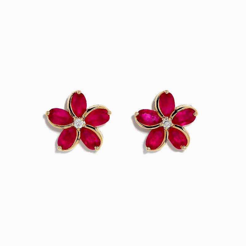 Affordable Luxury Jewelry – Style At A Great Price Ruby Royale 14K Yellow Gold Ruby and Diamond Flower Earrings