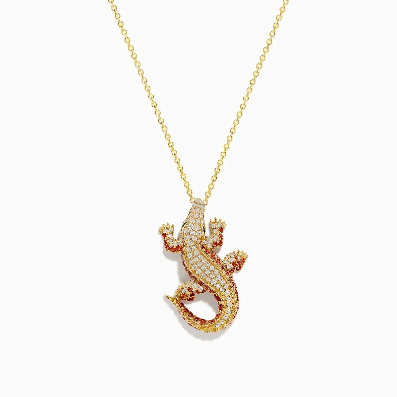 Celebrate Every Occasion With Sparkling Savings Safari 14K Gold Diamond, Orange Sapphire, and Emerald Crocodile Pendant